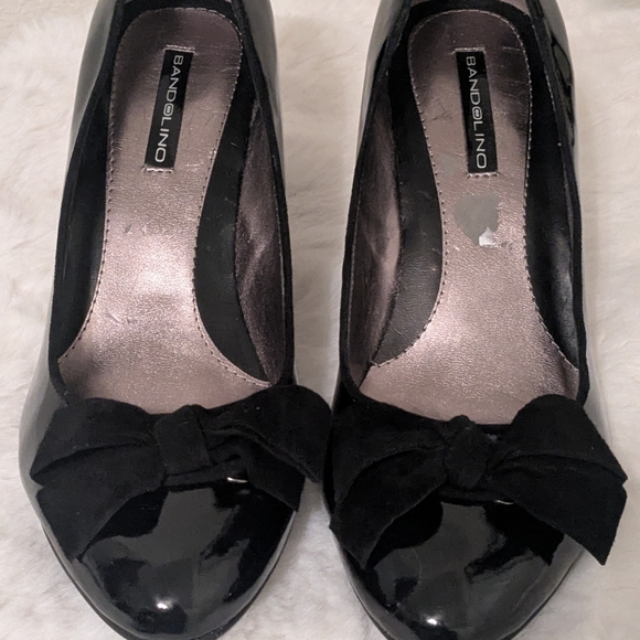 Bandolino Shoes - Bandolino Black Patent Leather Heels Suede Bow Pumps Pointed Toe Work